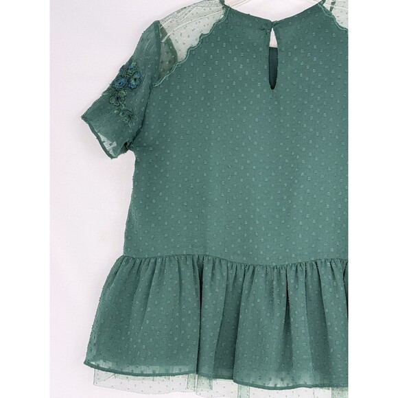 Zara Trafaluc Blouse Small Green Embroidered Ruffle Peplum Top Short Sleeves - Picture 13 of 16